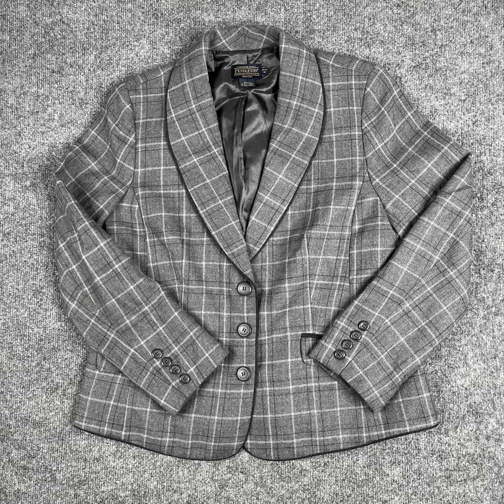 Pendleton Blazer Womens Size 12 Petite Gray Wool Plaid Tailored Career Jacket‎